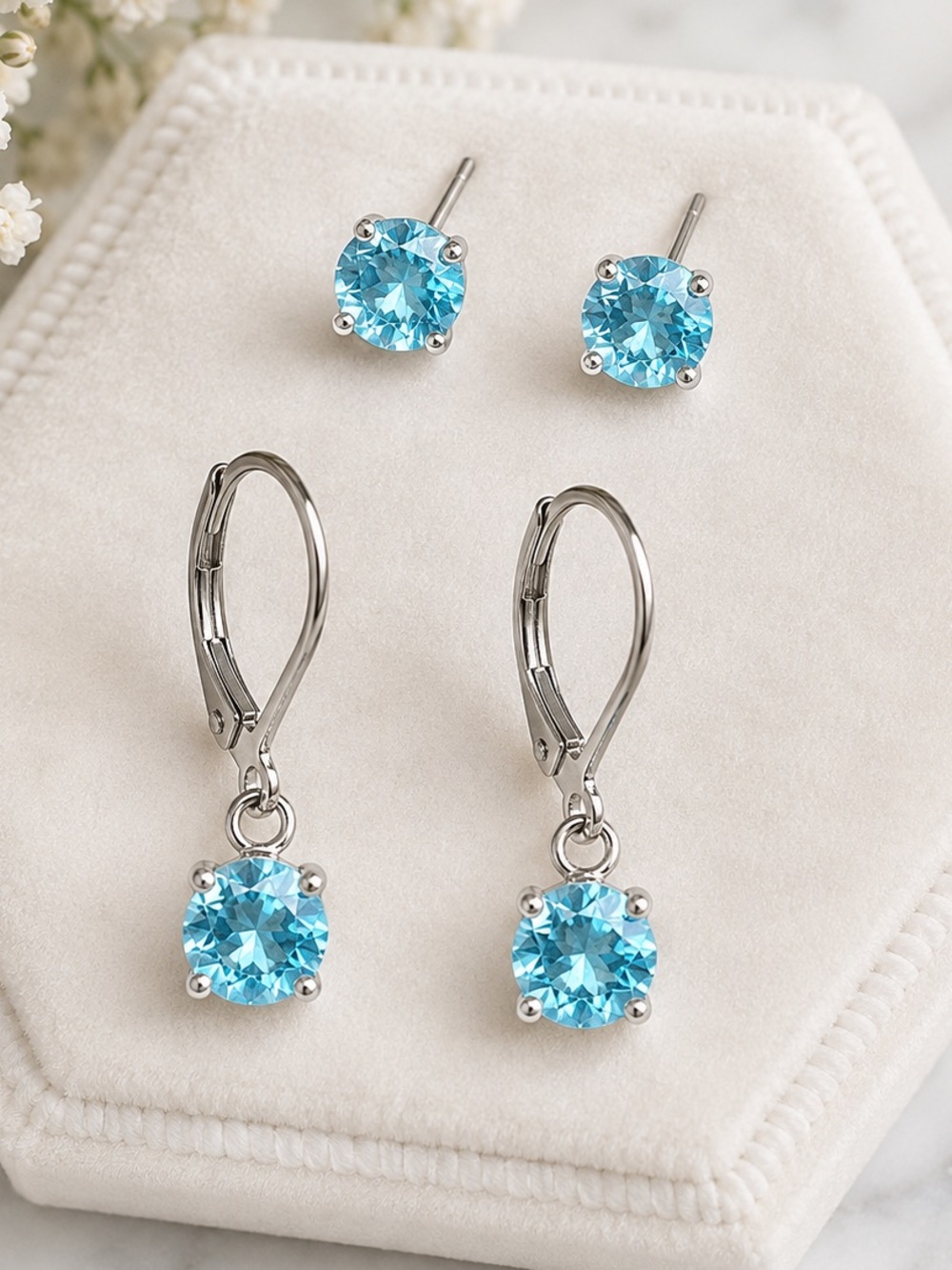 NEW Light Blue Sapphire Colored Gems Hypoallergenic Stainless Steel Earrings